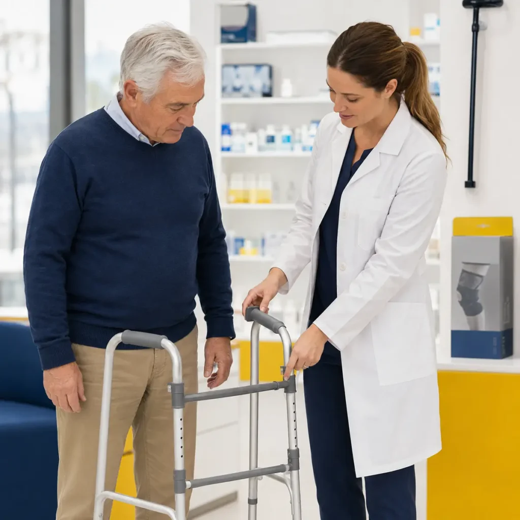 Farmacéutica explicando el ajuste de un andador a una persona mayor